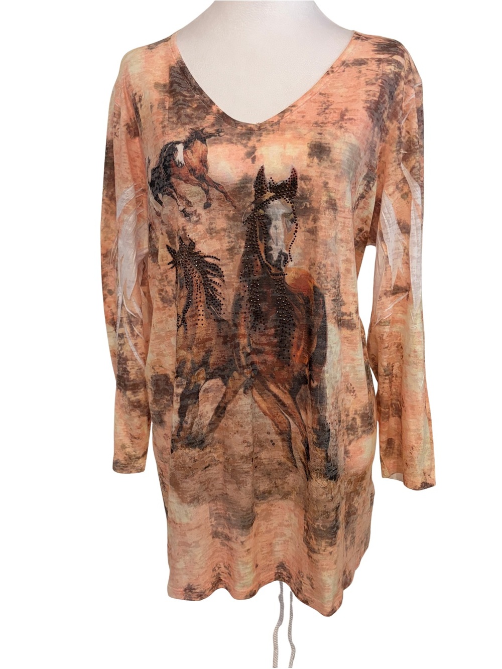 Reba Horse Print Tunic Top – Rhinestone Embellished Western Boho – Like New